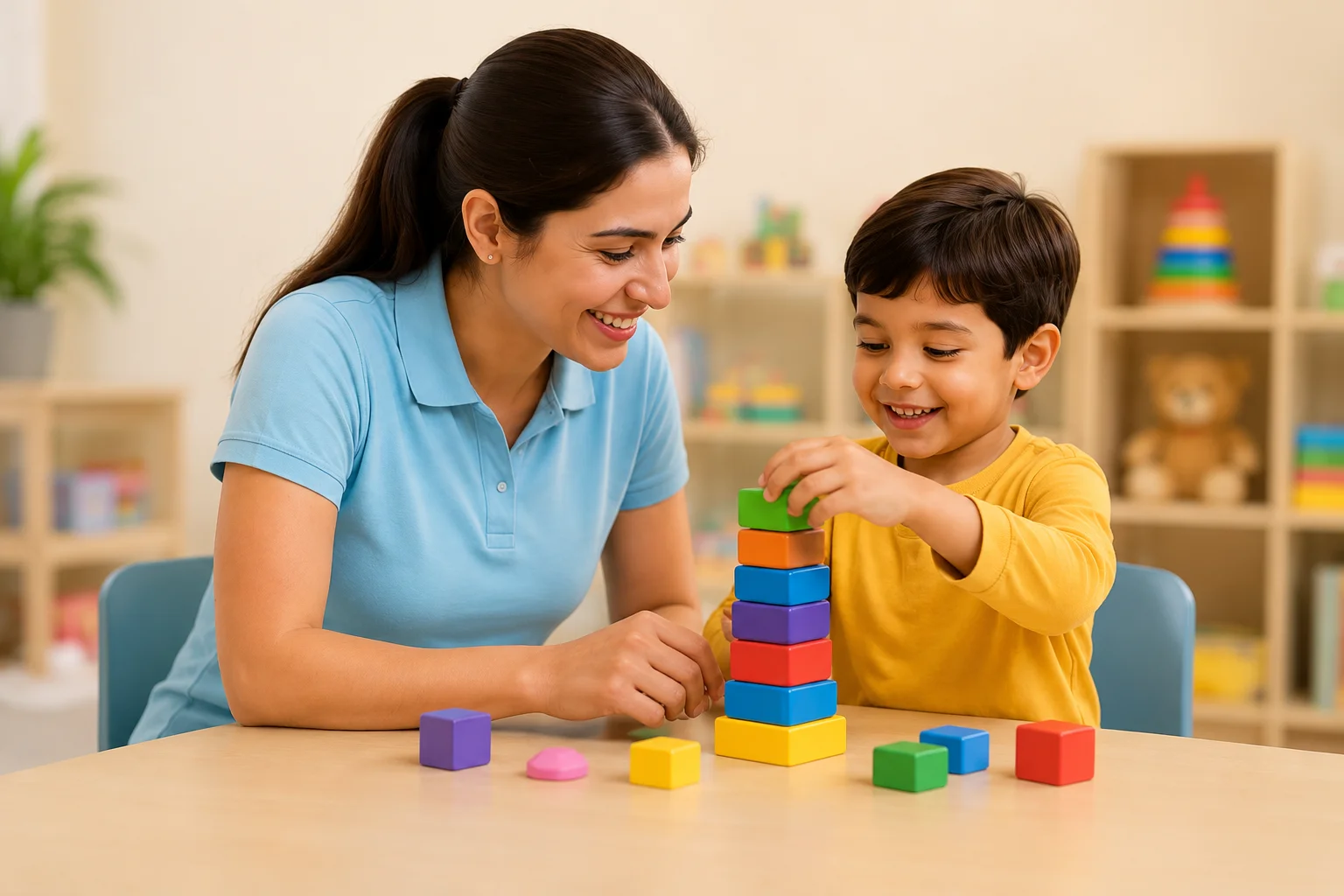 A therapist and child playing with colourful building blocks during a session